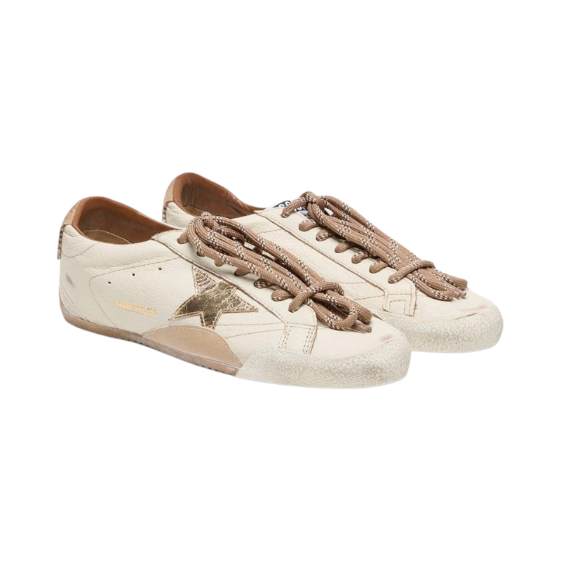 Golden Goose True-Star in white nappa leather with gold star and beige suede heel tab(Women's)