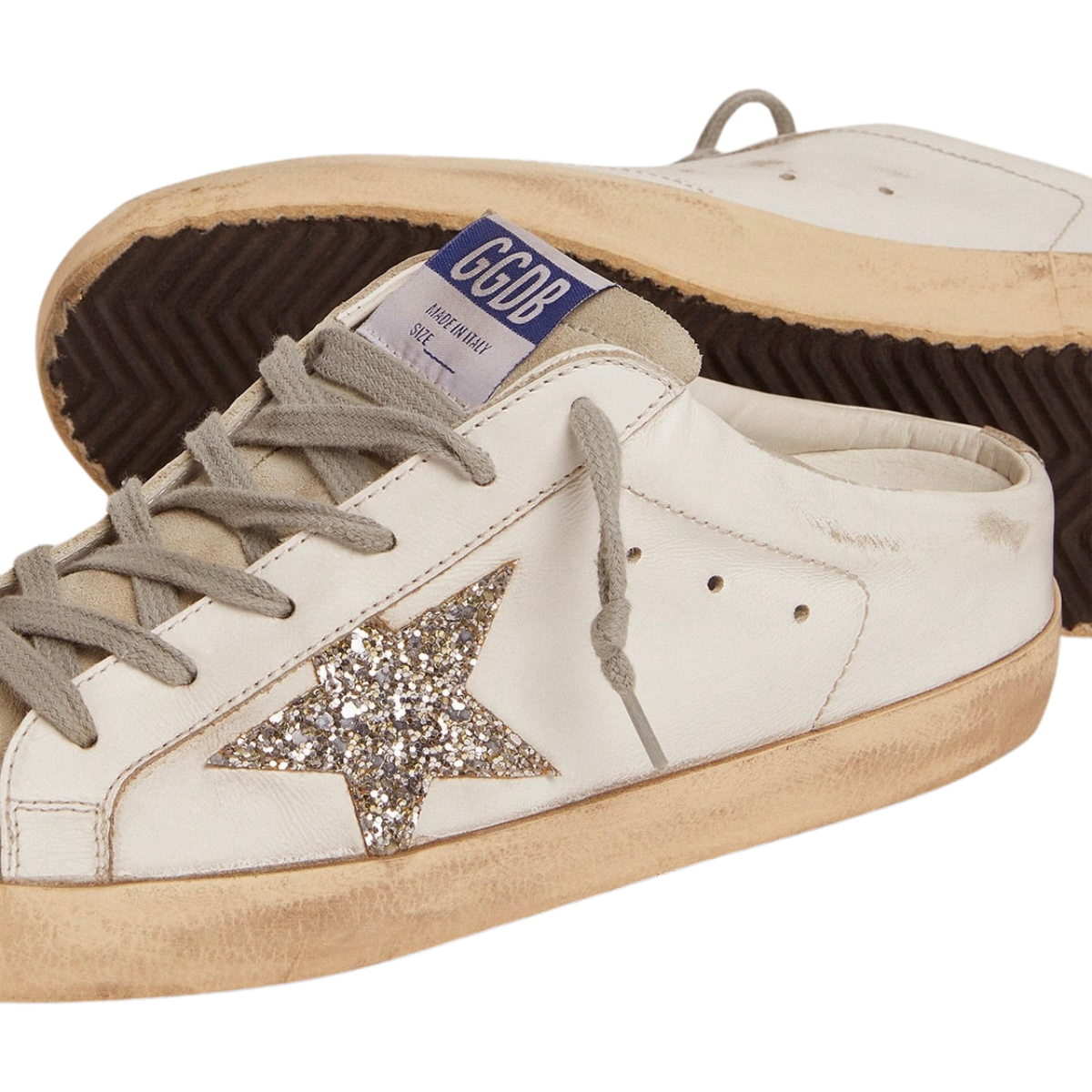 Golden Goose Super-Star Sabot with a platinum glitter star and suede tongue(Women's)