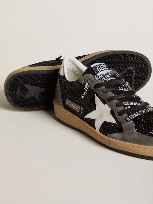 Golden Goose Ball Star in glitter with leather star and metallic leather heel tab