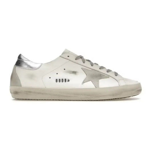 Golden Goose Super-Star with gold glitter star and ice-gray suede inserts