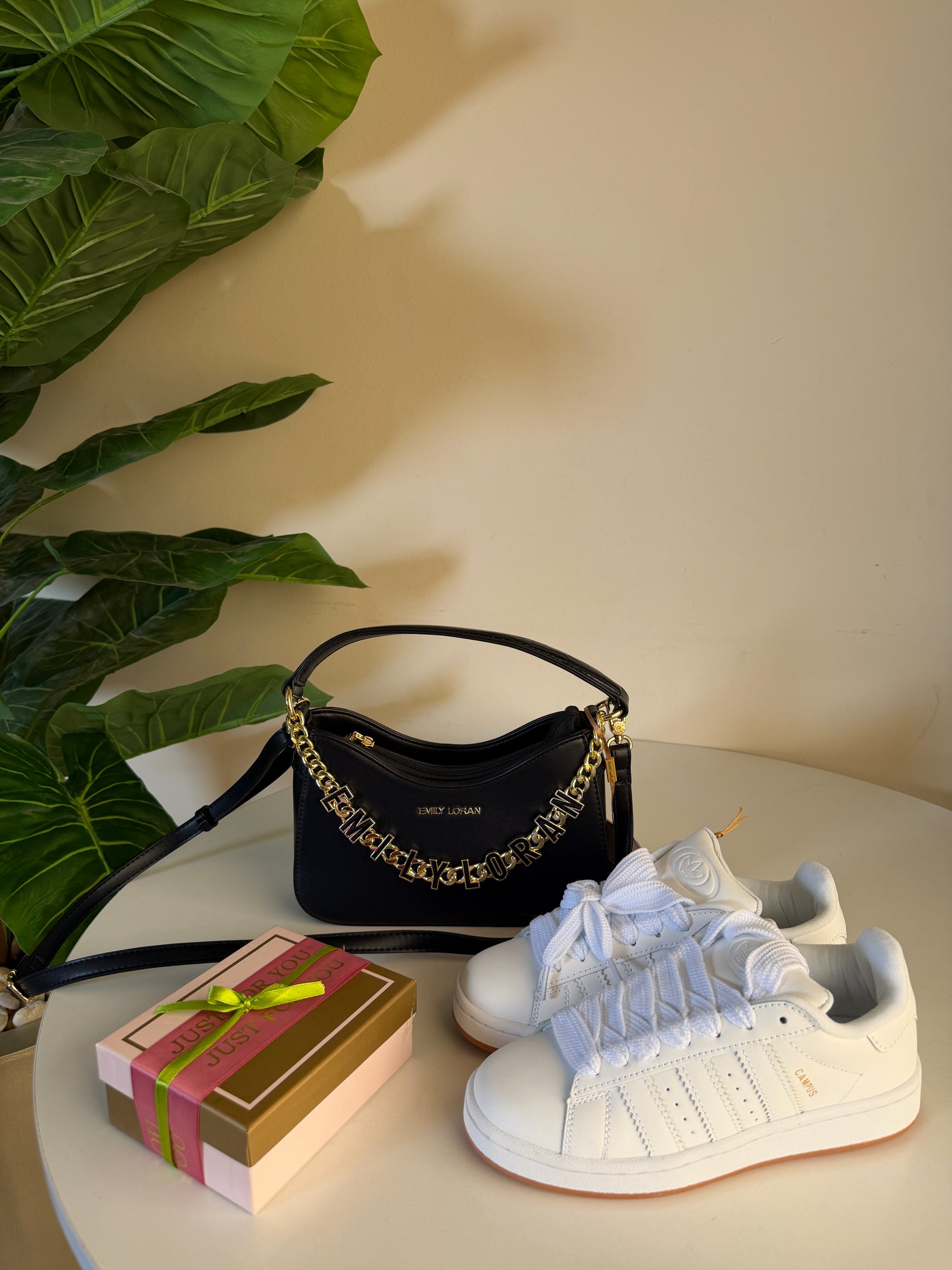 Emily Loran half moon charm bag + Adidas campus white + Wallet free
