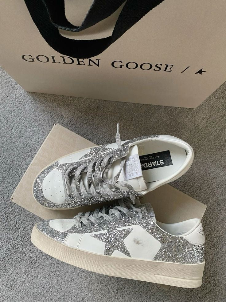 Golden Goose Baskets Stardan Cuir – Blanc Glitter