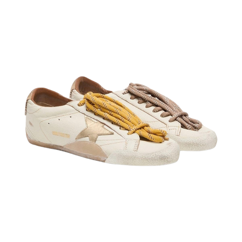 Golden Goose True-Star in white nappa leather with gold star and beige suede heel tab(Women's)