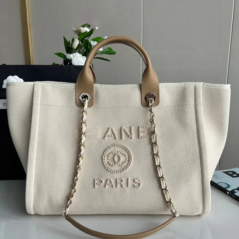 Chanel Deauville Canvas & Pearl Tote Bag