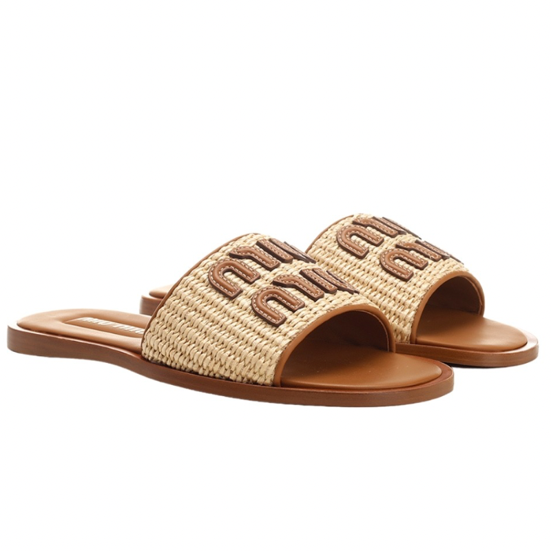 MIU MIU Raffia-effect woven fabric slides Natural
